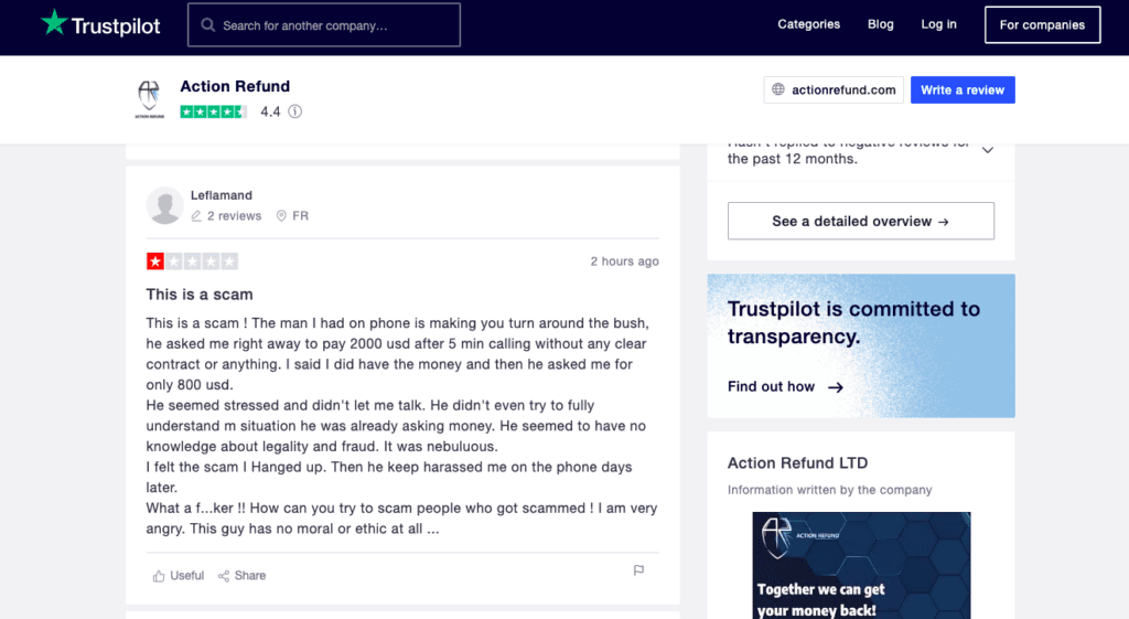 Trustpilot Action Refund Comments