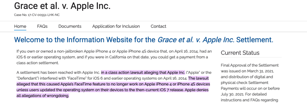 Grace Vs Apple Class Action Lawsuit