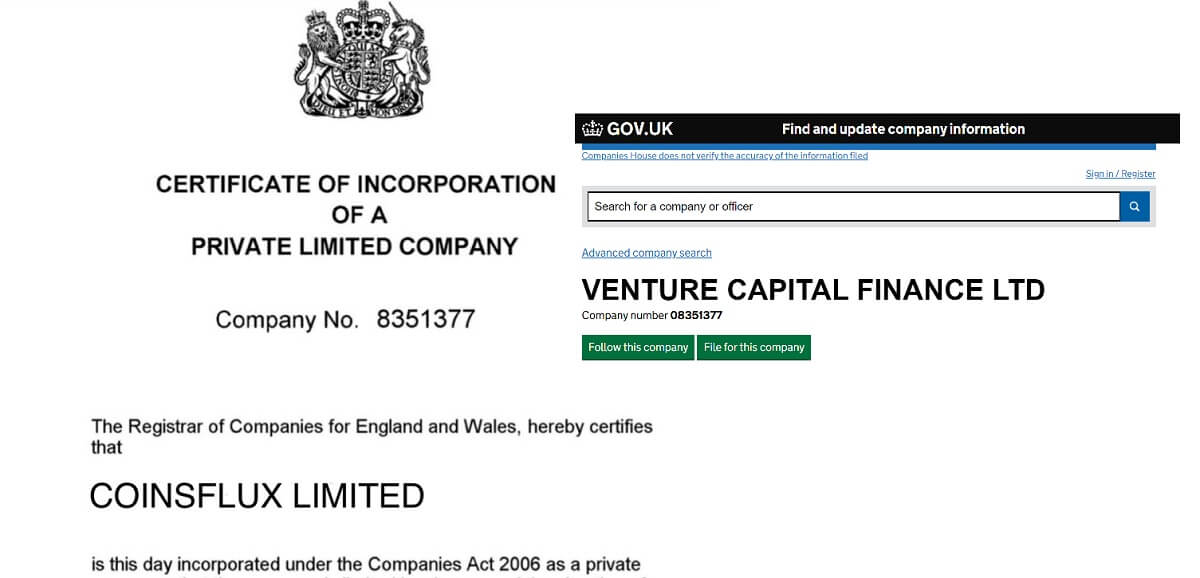 CoinsFlux Limited Fake UK Companies House Certificate