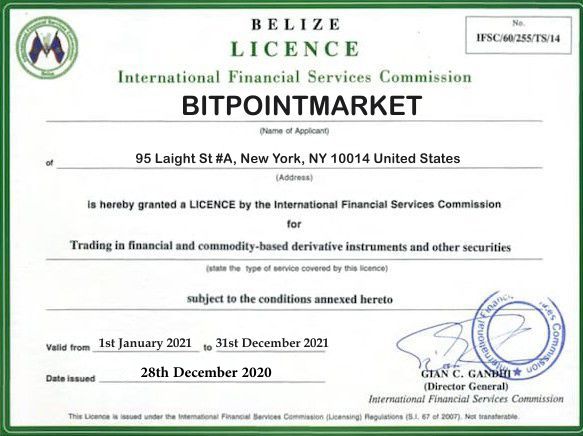 International Financial Services Commission (IFSC) of Belize Certificate of Bitpointmarket.co