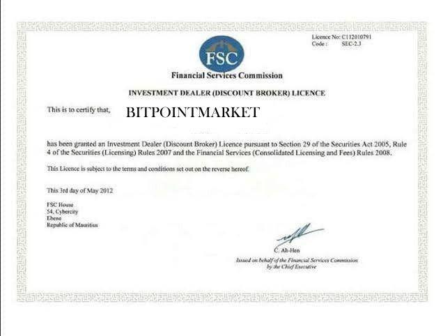 Financial Services Commission (FSC) of Mauritius Certificate of Bitpointmarket.co