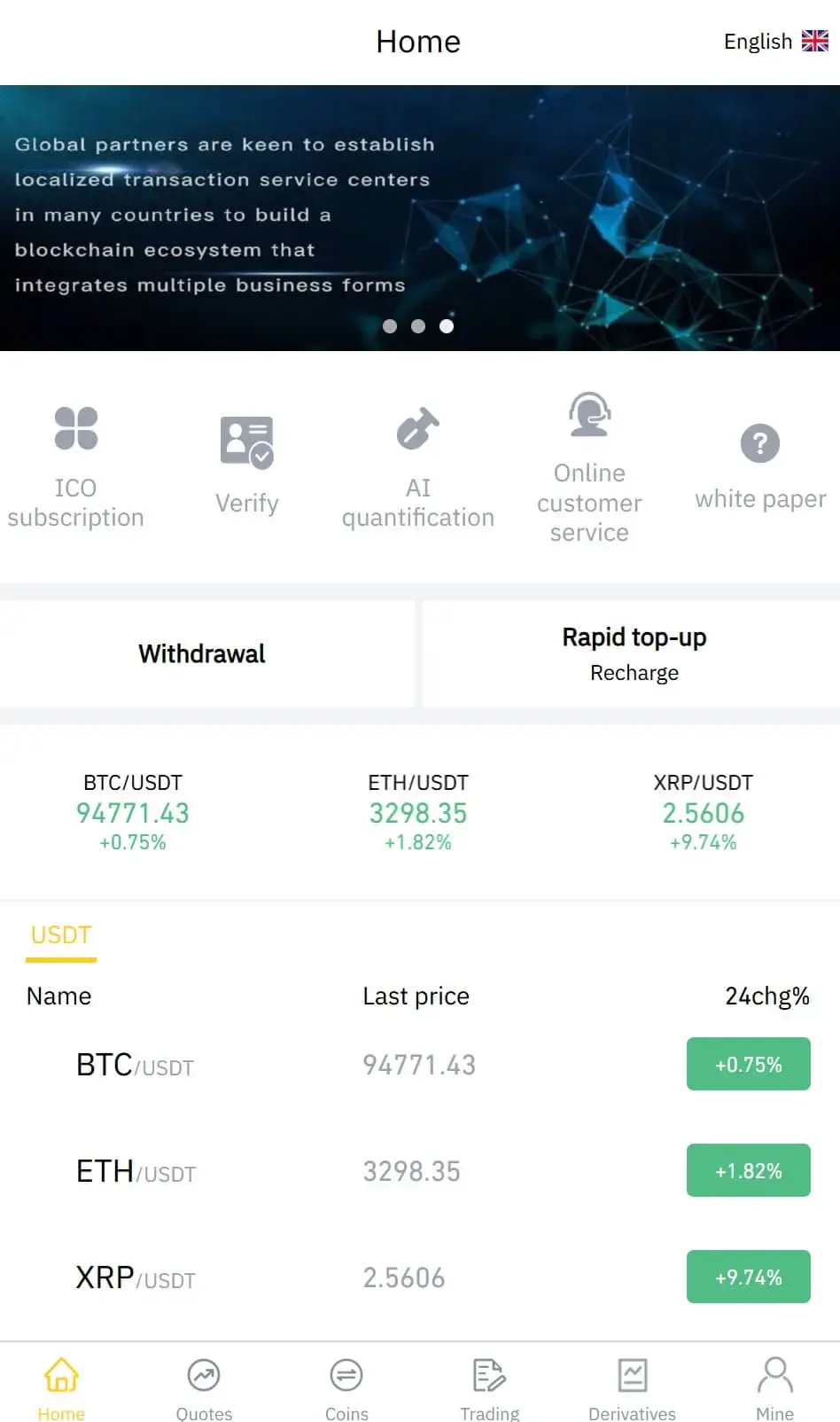 Interface of fbscoinsv.com showing cryptocurrency prices, rapid top-up, and withdrawal options.